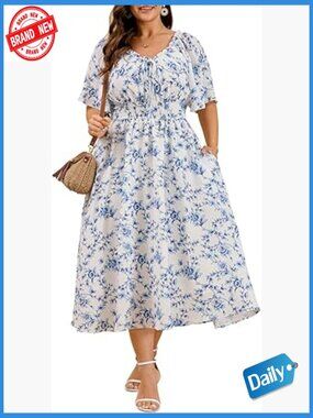 Plus Size Boho Maxi Dress Scoop Neck Tie Front Midi